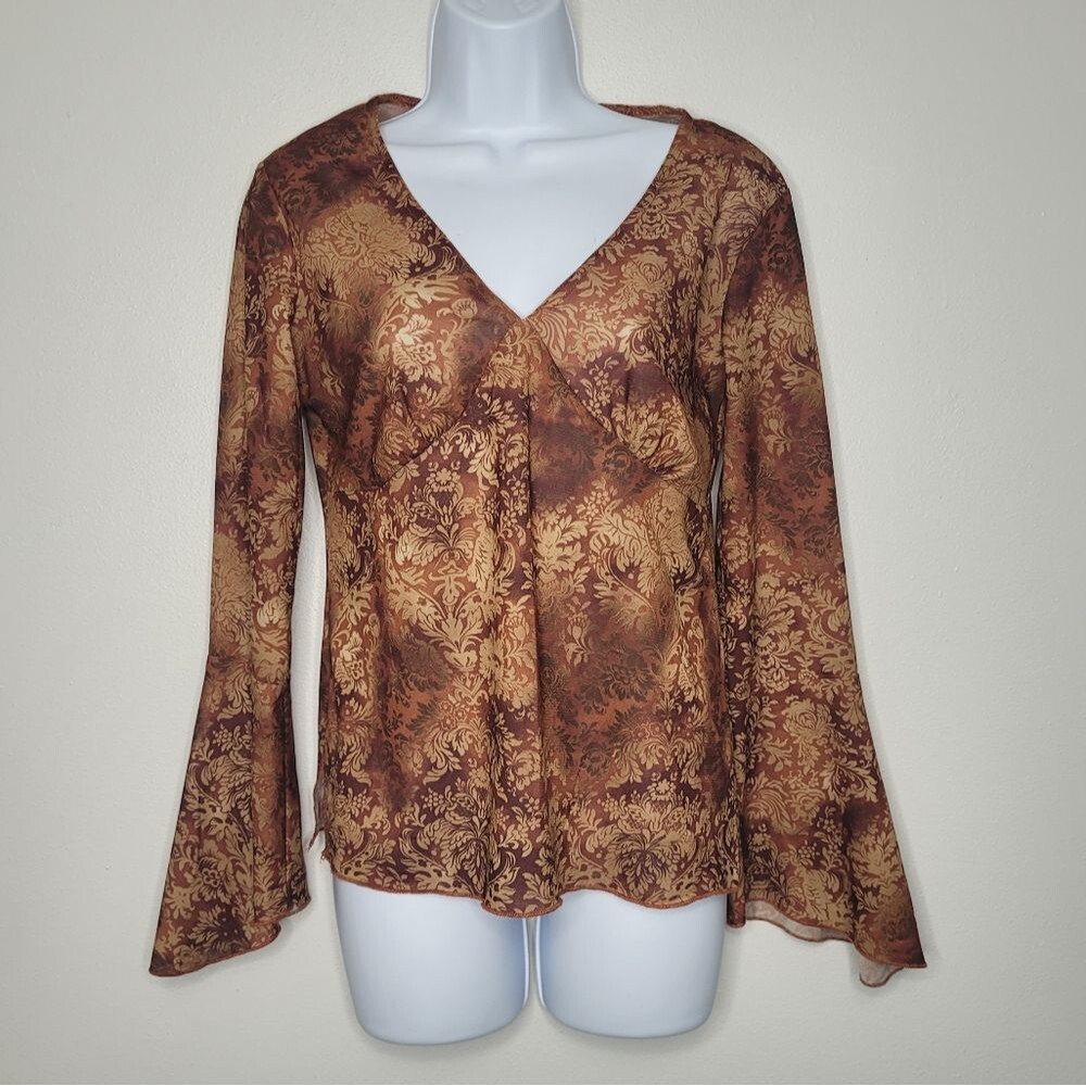 Vintage y2k 90s route 66 brown tones witchy boho bell sleeve top size small